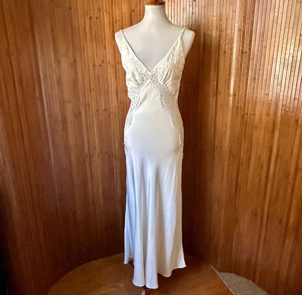 Vintage 90s Bias-Cut Ivory Silk Lace Slip Gown, Evening Dress